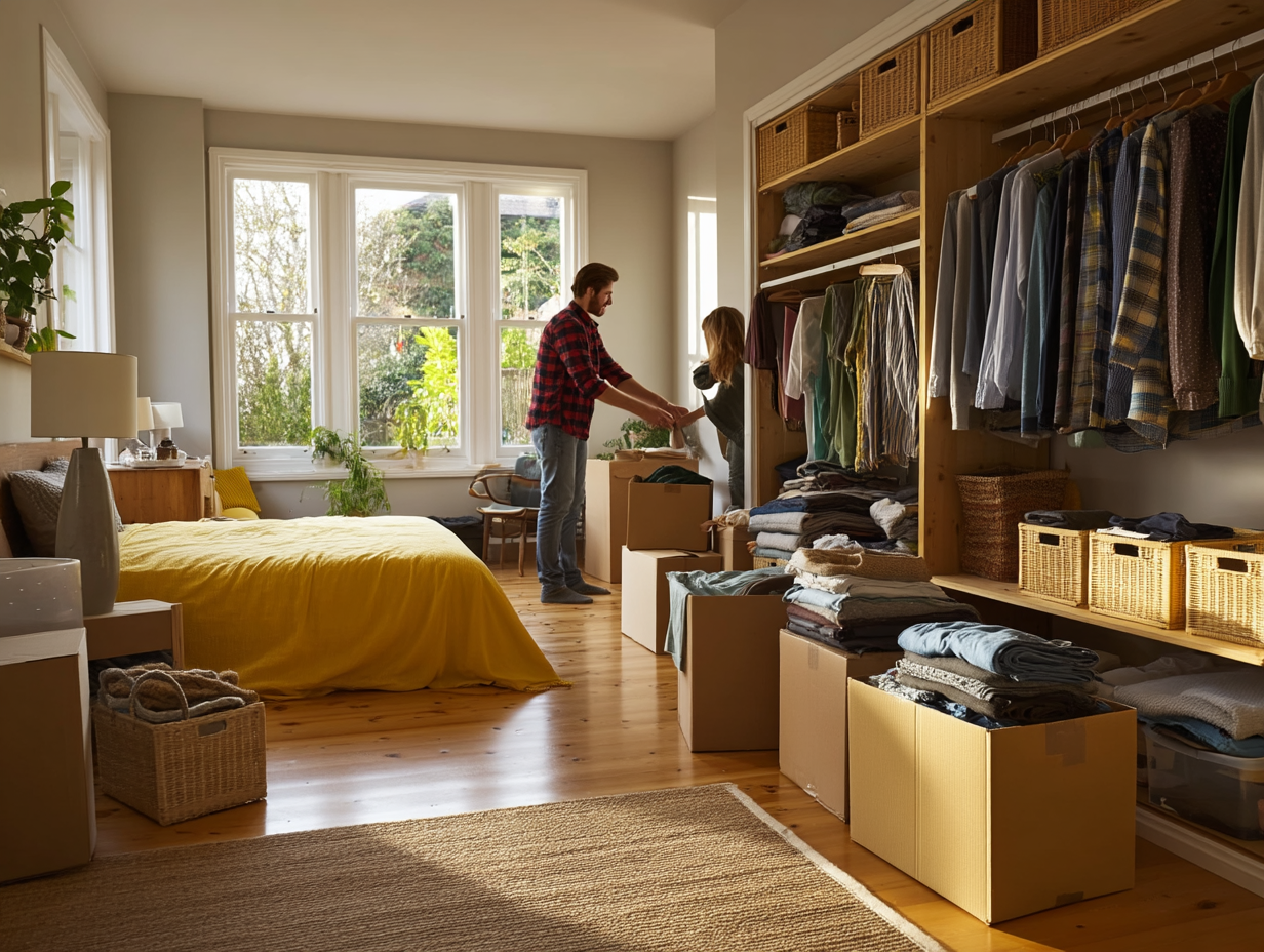 Decluttering before a home move — sorting belongings into keep, donate and bin
